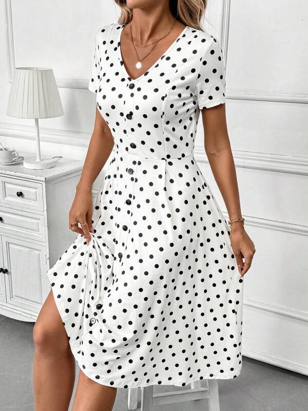 Vestido Midi Decote V Com Botões E Estampa Poá