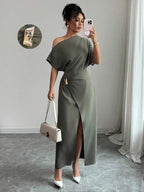 Vestido Longo Ombro Único Com Drapeado E Fenda