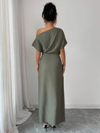 Vestido Longo Ombro Único Com Drapeado E Fenda