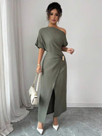 Vestido Longo Ombro Único Com Drapeado E Fenda