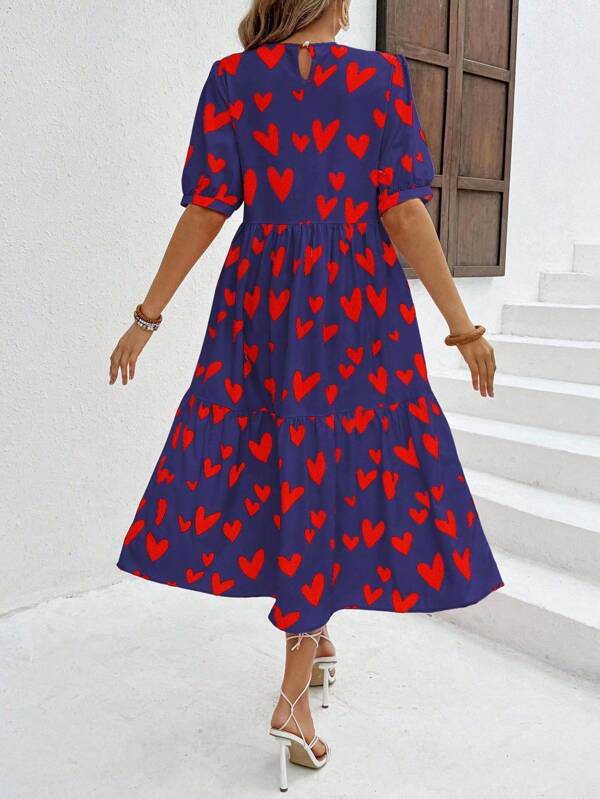 Vestido Longo Com Estampa Coração E Babados Casuais
