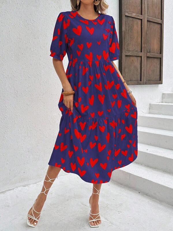 Vestido Longo Com Estampa Coração E Babados Casuais