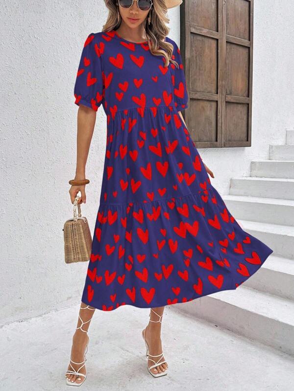 Vestido Longo Com Estampa Coração E Babados Casuais