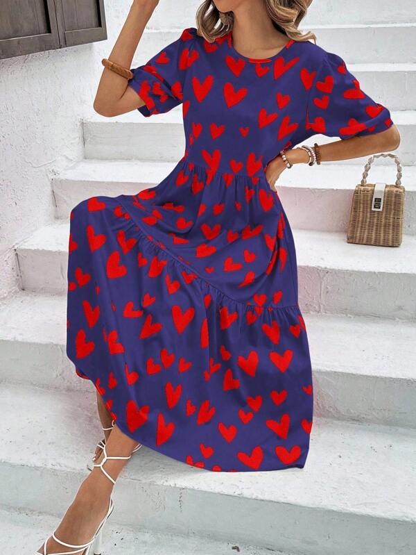 Vestido Longo Com Estampa Coração E Babados Casuais