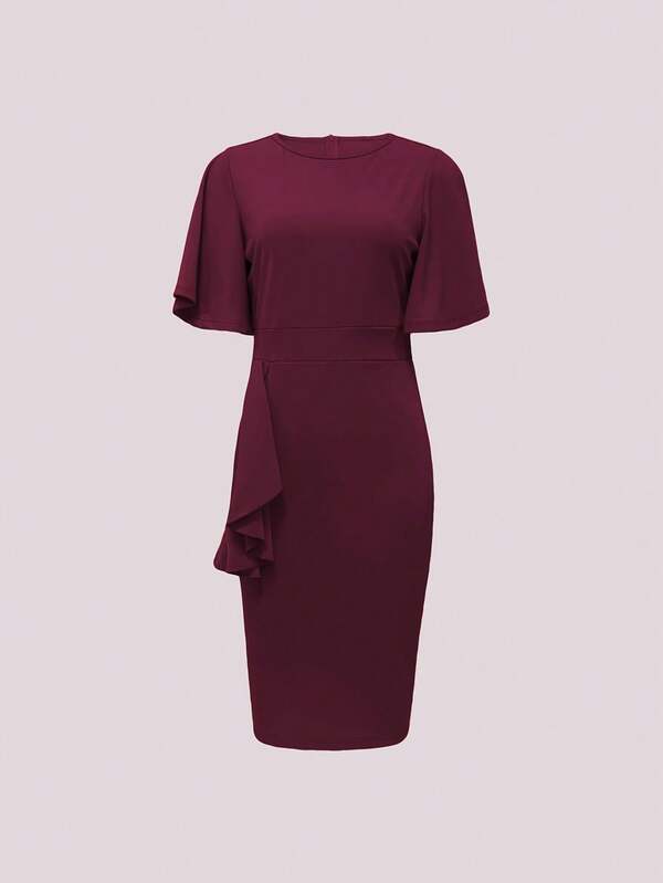Vestido Midi Ajustado Com Babados Assimétricos