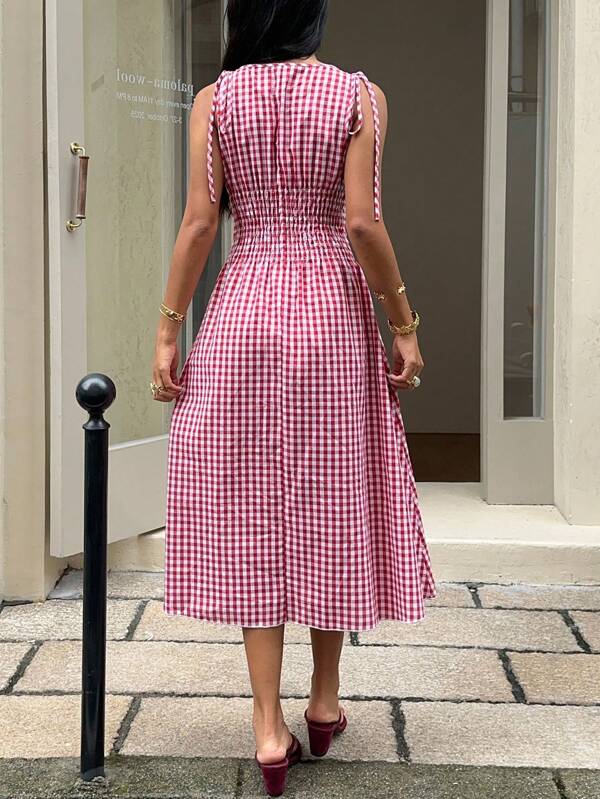 Vestido Midi Com Lastex Estampa Vichy E Amarração