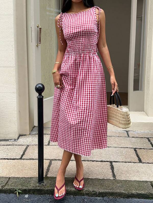 Vestido Midi Com Lastex Estampa Vichy E Amarração