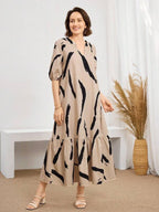 Vestido Midi Decote V Com Estampa Abstrata E Babados