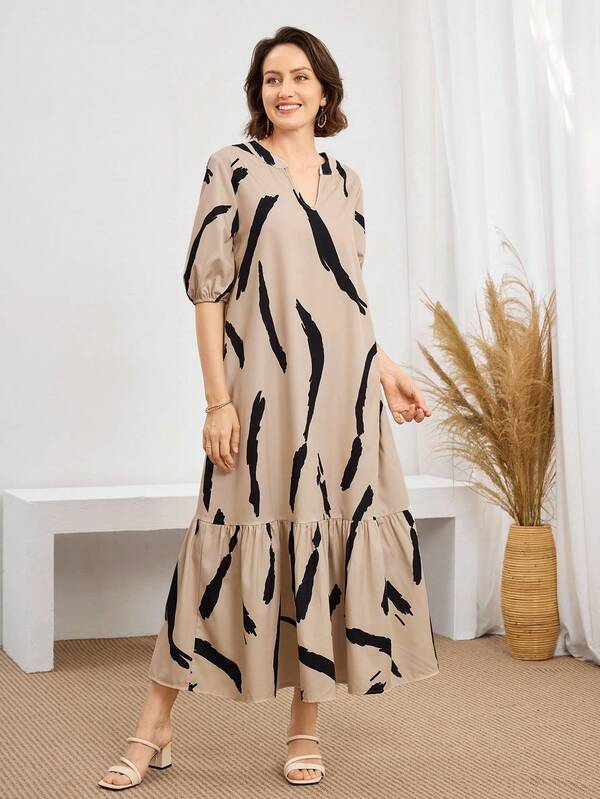Vestido Midi Decote V Com Estampa Abstrata E Babados
