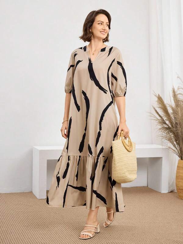 Vestido Midi Decote V Com Estampa Abstrata E Babados