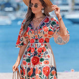 Vestido Curto Decote V Com Manga Fluida E Estampa Floral