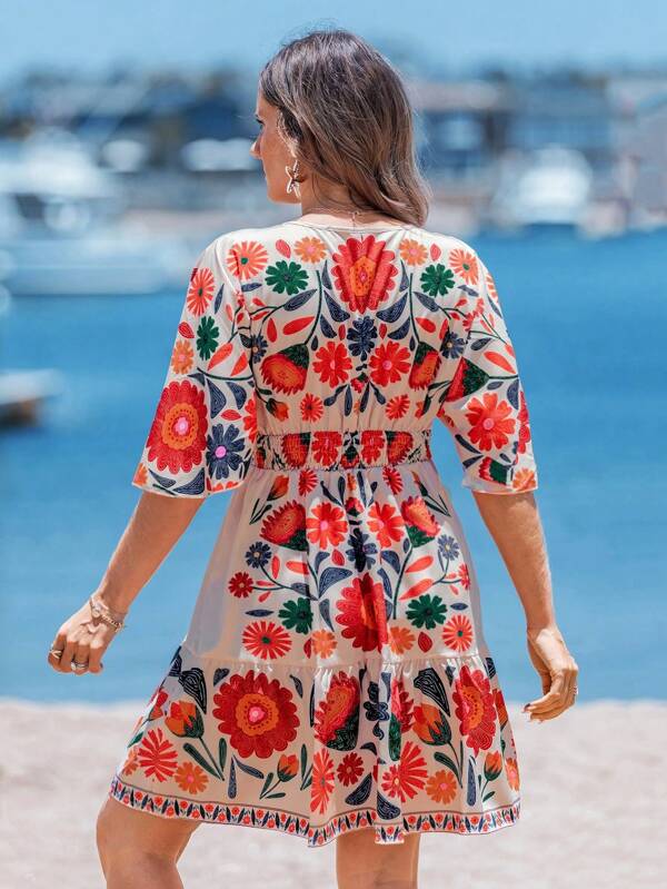 Vestido Curto Decote V Com Manga Fluida E Estampa Floral