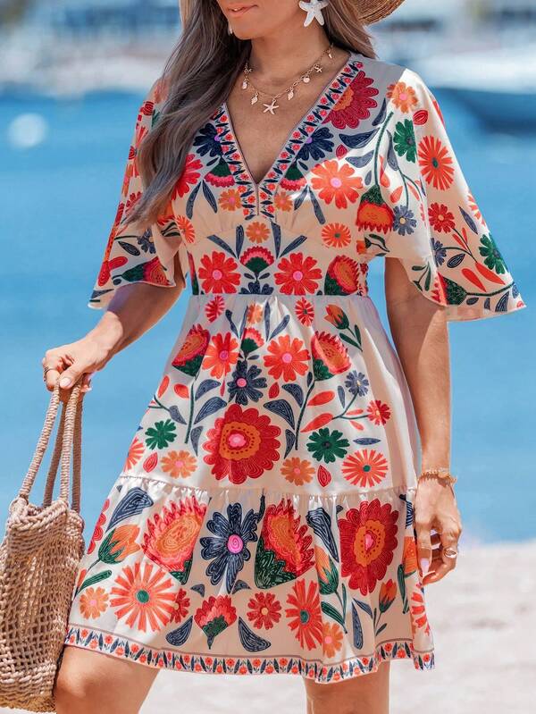 Vestido Curto Decote V Com Manga Fluida E Estampa Floral