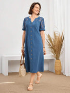 Vestido Midi Com Botões E Manga Rendada Decote Redondo Boho
