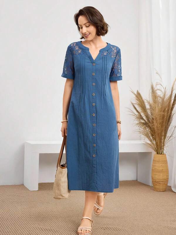 Vestido Midi Com Botões E Manga Rendada Decote Redondo Boho