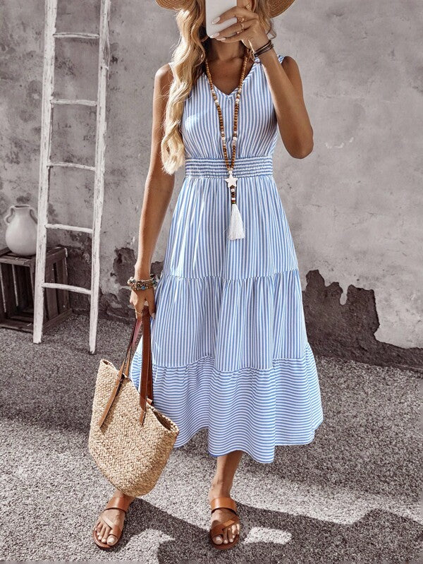 Vestido Midi Evasê Sem Mangas Com Lastex Estilo Romântico