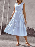 Vestido Midi Evasê Sem Mangas Com Lastex Estilo Romântico