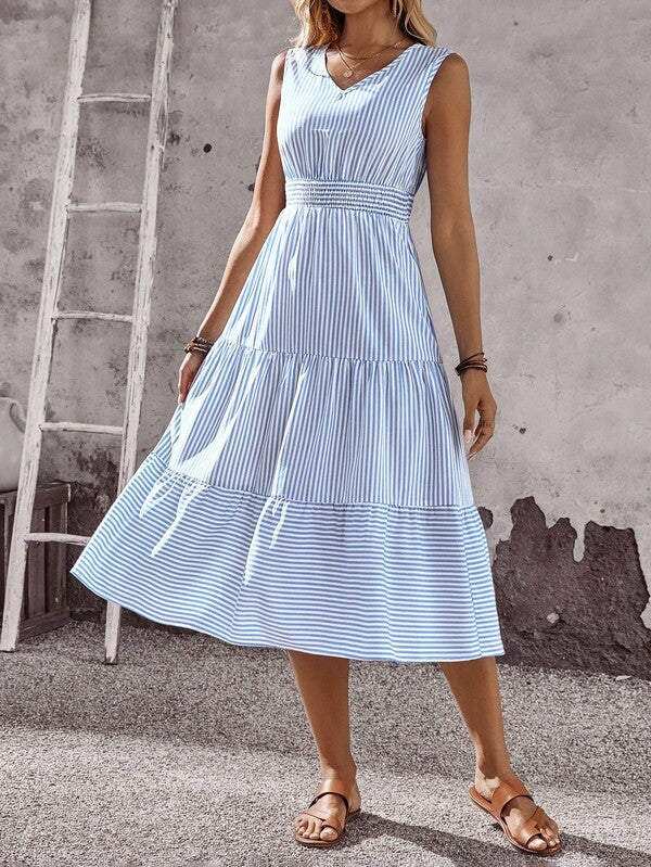 Vestido Midi Evasê Sem Mangas Com Lastex Estilo Romântico