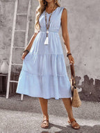 Vestido Midi Evasê Sem Mangas Com Lastex Estilo Romântico
