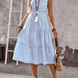 Vestido Midi Evasê Sem Mangas Com Lastex Estilo Romântico