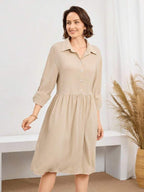 Vestido Chemise Midi Com Botões E Bolsos Estilo Casual
