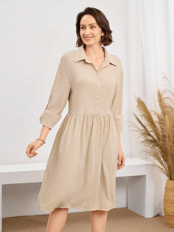 Vestido Chemise Midi Com Botões E Bolsos Estilo Casual