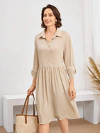 Vestido Chemise Midi Com Botões E Bolsos Estilo Casual