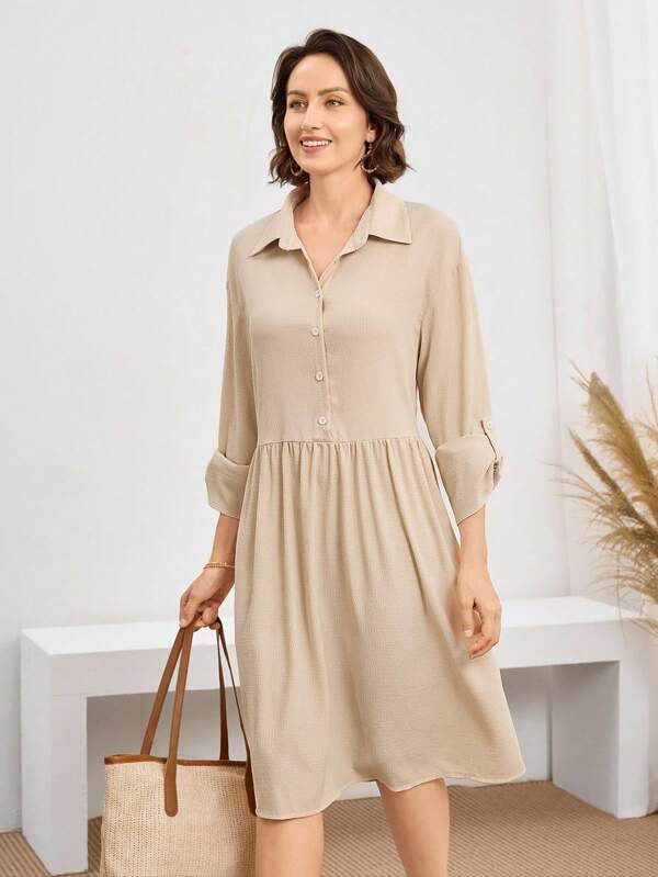 Vestido Chemise Midi Com Botões E Bolsos Estilo Casual