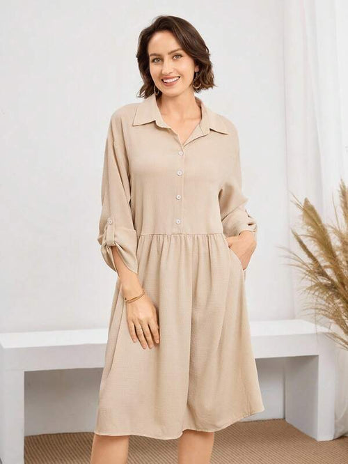 Vestido Chemise Midi Com Botões E Bolsos Estilo Casual