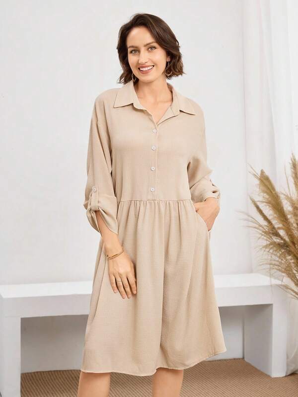 Vestido Chemise Midi Com Botões E Bolsos Estilo Casual