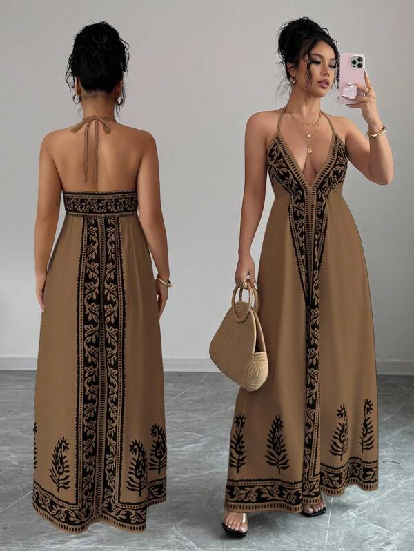 Vestido Longo Frente Única Estampado Estilo Resort
