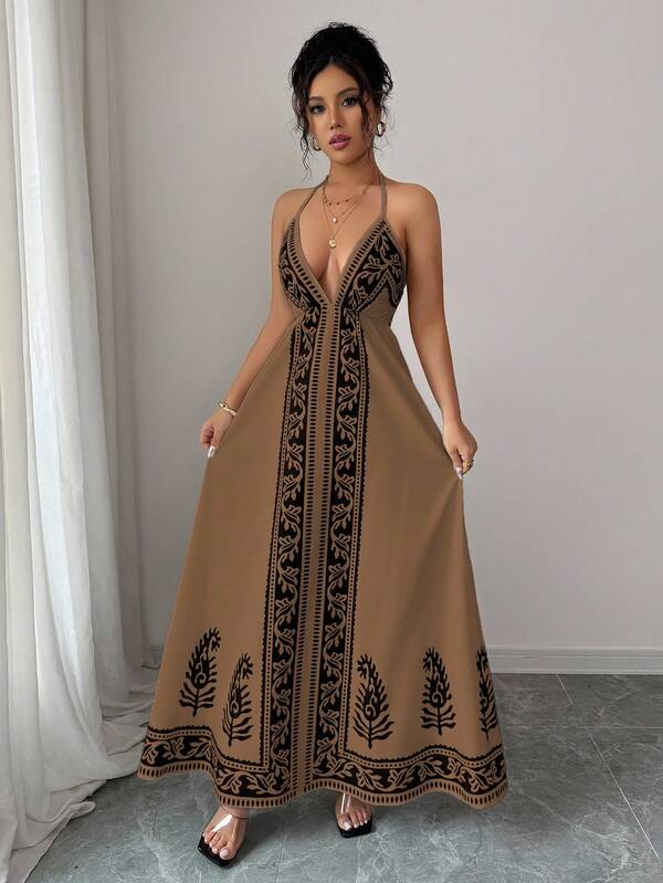 Vestido Longo Frente Única Estampado Estilo Resort