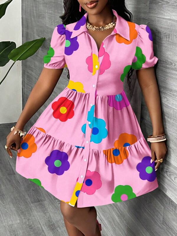 Vestido Chemise Curto Com Babados E Estampa Floral