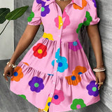 Vestido Chemise Curto Com Babados E Estampa Floral