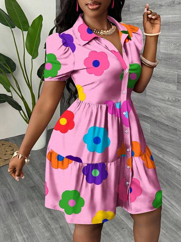 Vestido Chemise Curto Com Babados E Estampa Floral