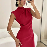 Vestido Midi Com Gola Alta E Drapeado Lateral
