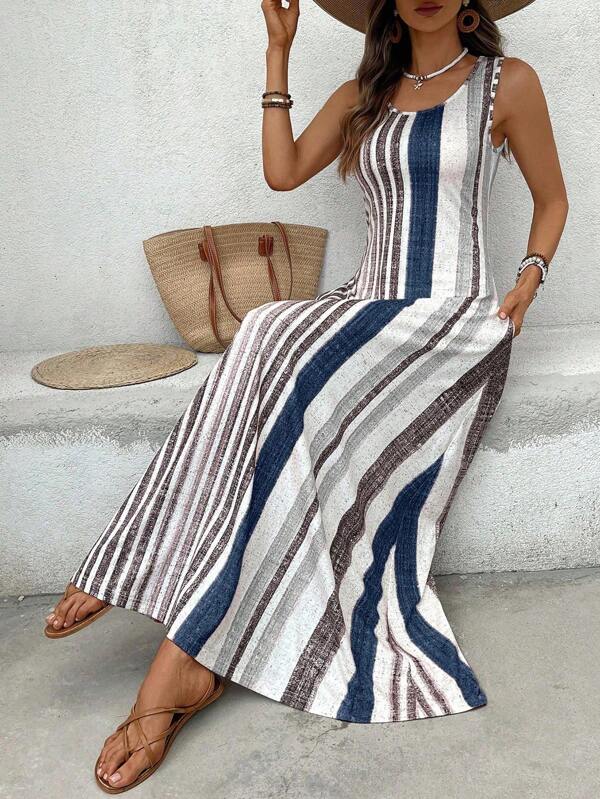 Vestido Longo Regata Com Estampa Listrada Estilo Resort