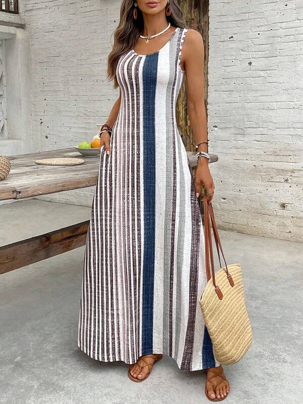 Vestido Longo Regata Com Estampa Listrada Estilo Resort