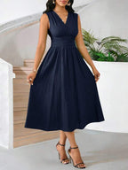 Vestido Midi Evasê Com Decote Transpassado Plissado