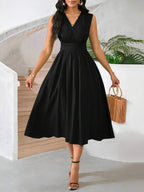 Vestido Midi Evasê Com Decote Transpassado Plissado