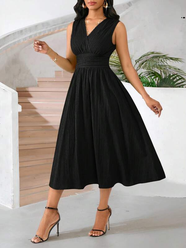 Vestido Midi Evasê Com Decote Transpassado Plissado