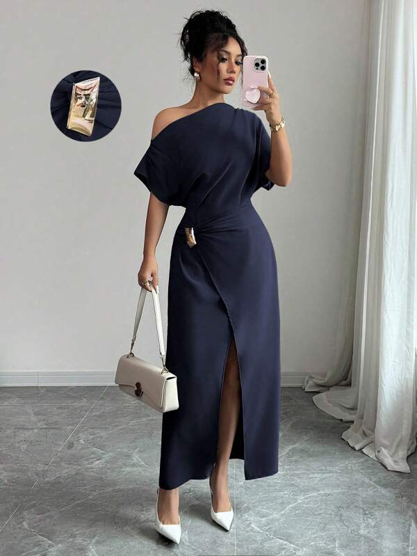 Vestido Longo Ombro Único Com Drapeado E Fenda