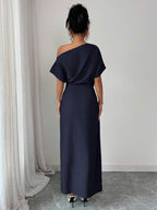 Vestido Longo Ombro Único Com Drapeado E Fenda