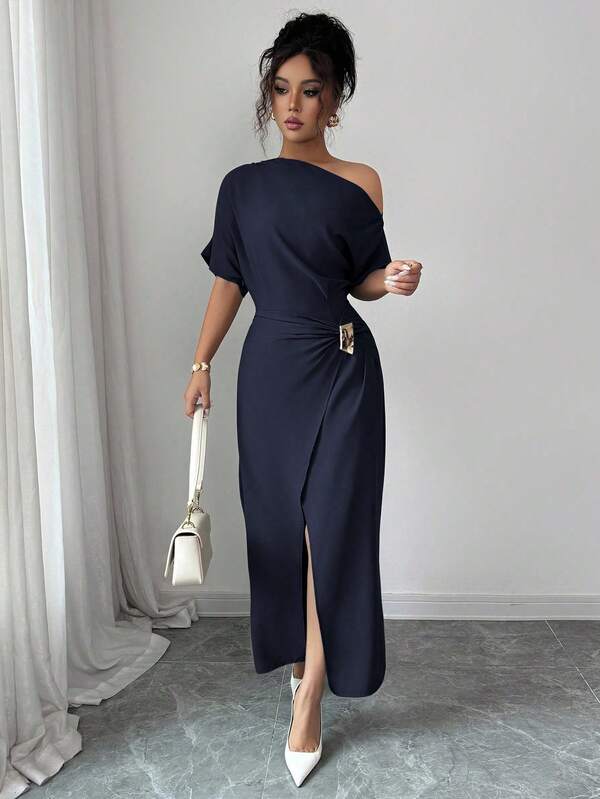 Vestido Longo Ombro Único Com Drapeado E Fenda