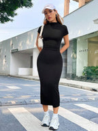 Vestido Midi Gola Alta Acinturado Estilo Minimalista