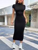 Vestido Midi Gola Alta Acinturado Estilo Minimalista