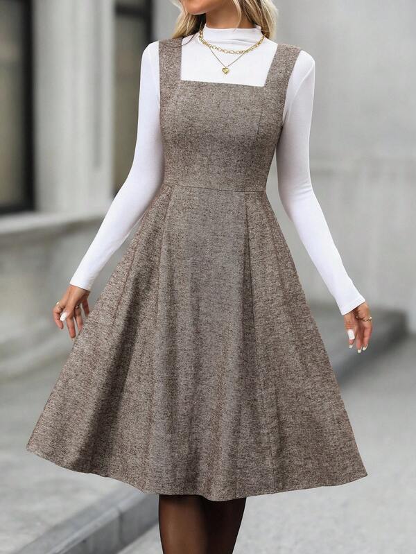 Vestido Midi Evasê Com Recortes Estilo Clássico Elegante