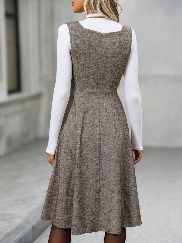 Vestido Midi Evasê Com Recortes Estilo Clássico Elegante
