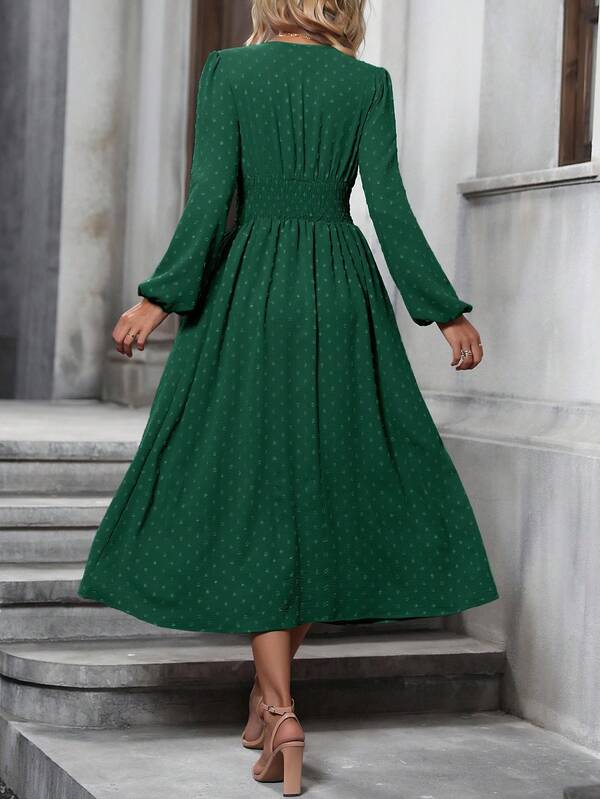 Vestido Midi Transpassado Acinturado Manga Longa Estilo Romântico