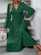 Vestido Midi Transpassado Acinturado Manga Longa Estilo Romântico